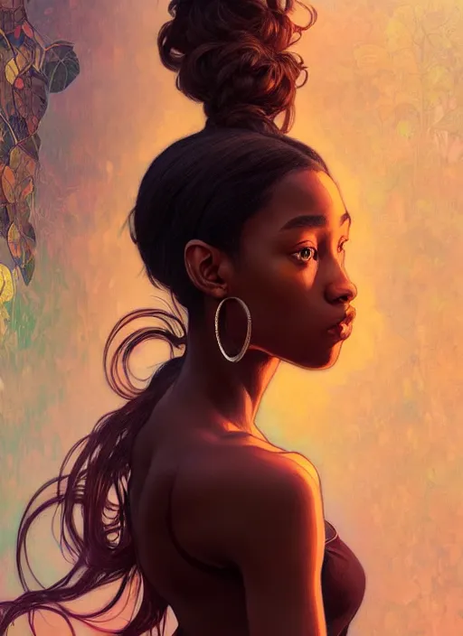 Image similar to handsome young black women with shoulder length brown hair, half body shot, path traced, highly detailed, high quality, digital painting, alena aenami, lilia alvarado, shinji aramaki, karol bak, alphonse mucha, tom bagshaw