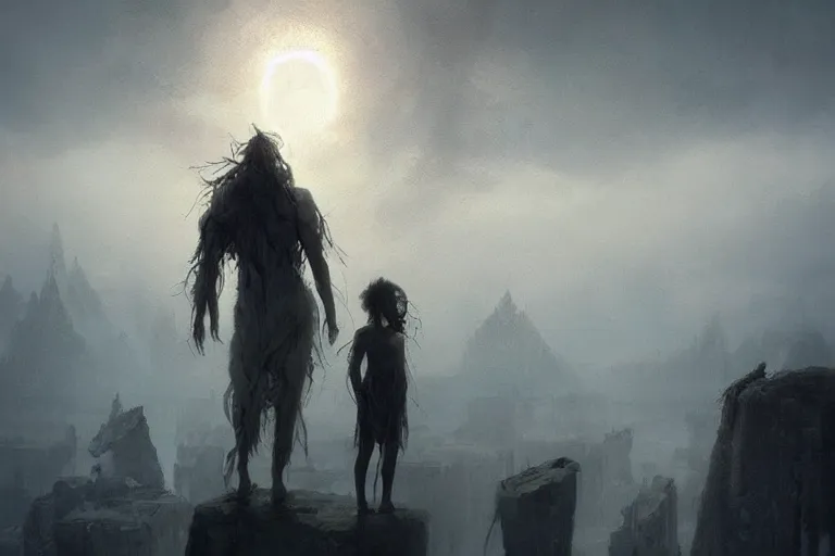 Image similar to a beautiful terrifying pale humanoid giant looms over a tiny human. ethereal fantasy art by greg rutkowski