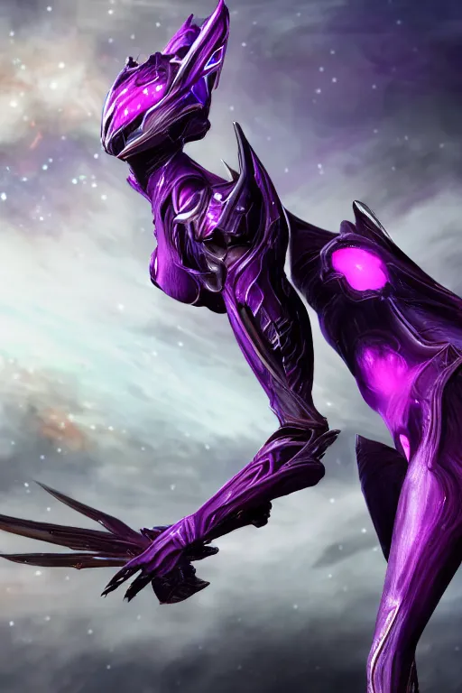 Image similar to galactic hyperdetailed elegant beautiful stunning giantess saryn prime warframe goddess rear shot, sharp spines, sharp metal ears, smooth purple eyes, smooth fuschia skin, silver armor, bigger than galaxy, epic proportions, epic scale, epic size, warframe fanart, destiny, furry, dragon art, goddess art, giantess art, furaffinity, octane render