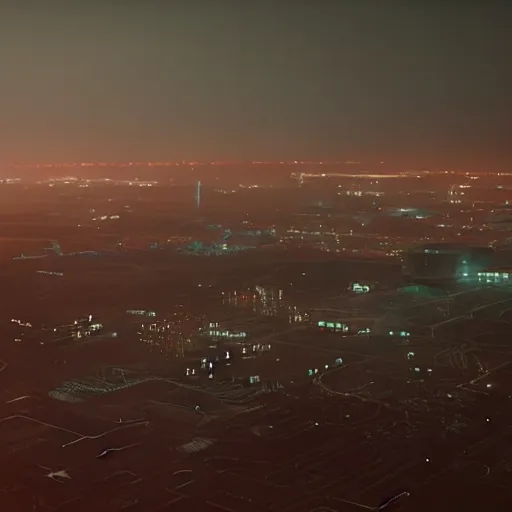 Image similar to an aerial view of an abandoned industrial terrain with giant nuclear plants, night time, shot from the blade runner 2049 movie, designed by Ash Thorp, moody, dark, foggy