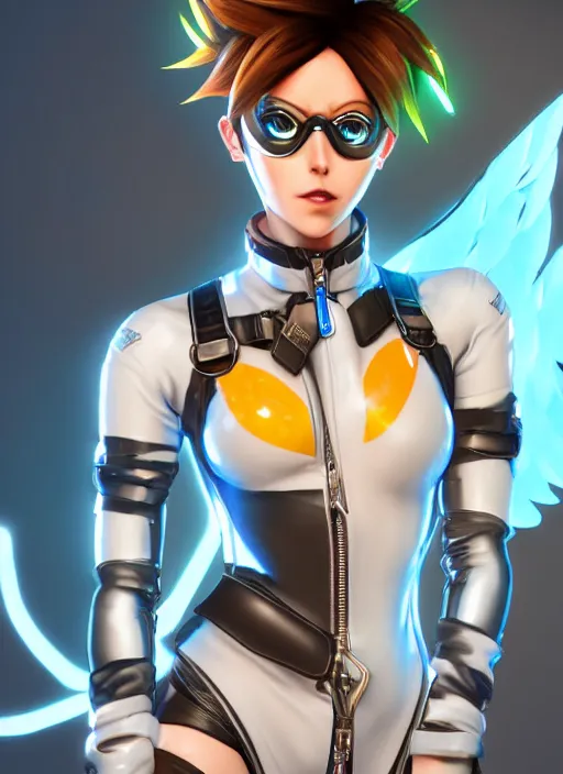Image similar to portrait bust digital artwork of tracer overwatch, wearing white iridescent rainbow latex and leather straps catsuit outfit, 4 k, expressive happy smug expression, makeup, in style of mark arian, angel wings, wearing detailed black leather collar, chains, black leather harness, detailed face and eyes,
