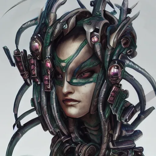 Prompt: a mech version of asian medusa, with a septum nose ring piercing, very symmetrical, highly detailed, by vitaly bulgarov, by joss nizzi, by ben procter, by steve jung, concept art, quintessa, metal gear solid, transformers cinematic universe, concept art world, pinterest, artstation, unreal engine