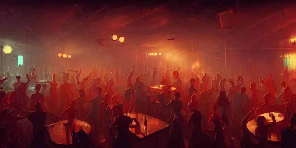 Image similar to 1 9 5 0 s night club with people dancing by otto dix and greg rutkowski and andreas rocha, cinematic lighting, warm colours, ultra realistic, unreal engine, trending on artstation, 4 k