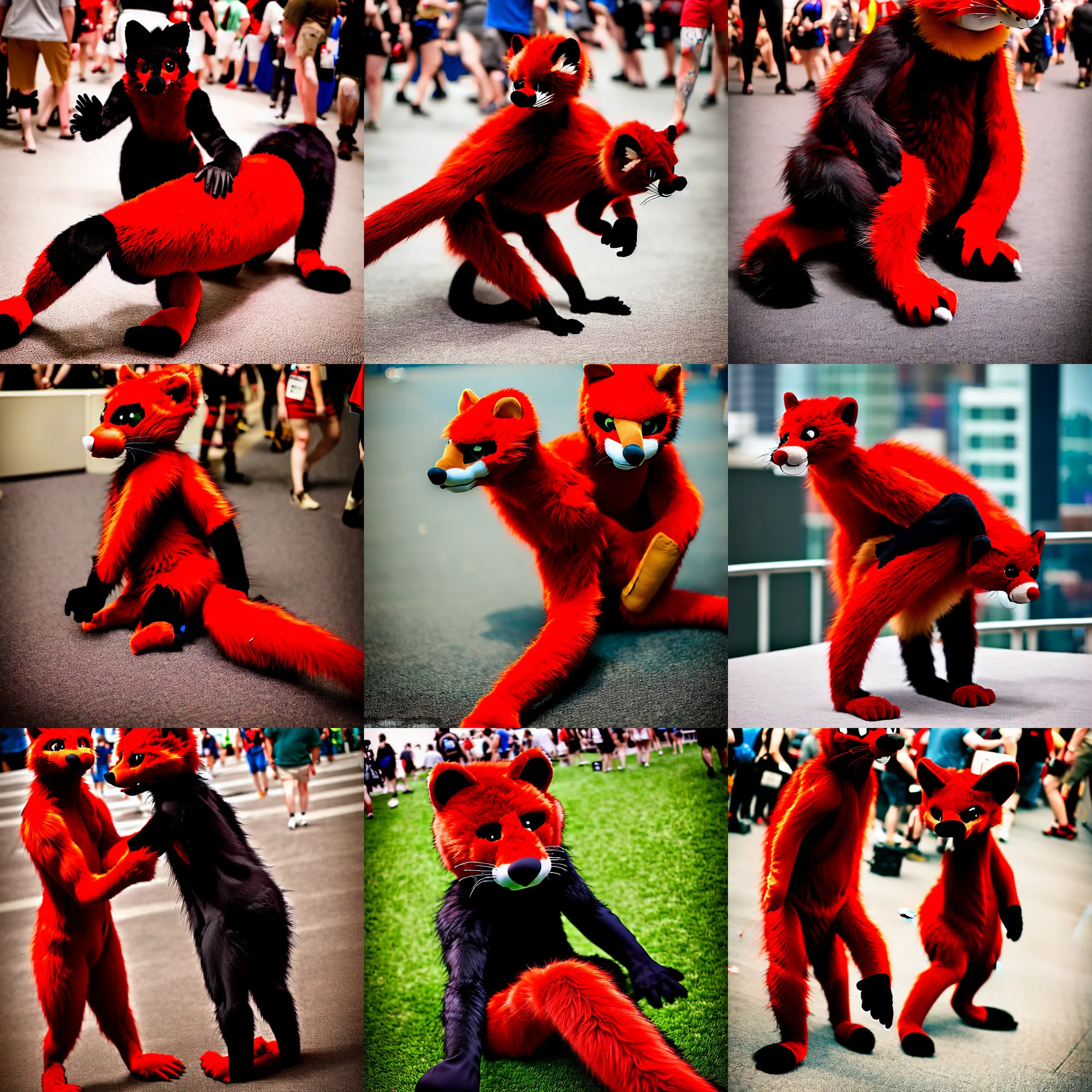 Prompt: fullbody photoshoot photo portrait of a cute roguish male red - black furred weasel furry fursuiter ( tail attached ), tufted softly, taken at anthrocon ( furry convention )