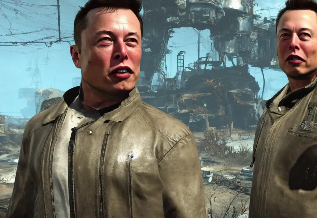 Image similar to elon musk in the video game in fallout 4, apocalyptic wastland, close up, 3 d rendering. unreal engine. amazing likeness. very detailed.