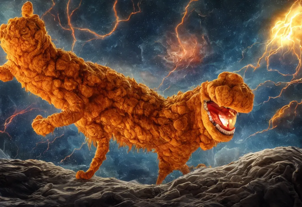 Image similar to eldritch horror bloody garfield in space, hd, 8 k, giant, epic, realistic photo, unreal engine, prophecy, powerful, cinematic lighting, destroyed planet, debris, violent, sinister, ray tracing, dynamic, epic composition, dark, horrific, teeth, grotesque, monochrome drawing, hellscape, corpses, foreboding, lightning, garfield cartoon eyes