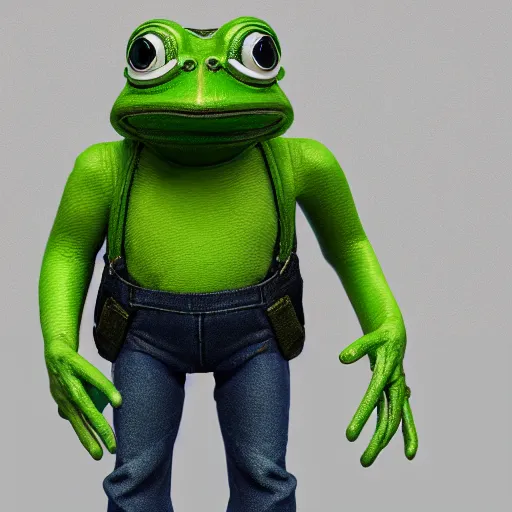 Image similar to perfectly accurate miniature figure of pepe the frog wearing jeans and a black leather jacket, soft textures, skin texture, clothing, 3d sculpture, textured, fine detail, lifelike, photo, high resolution, octane render, post processing, after effects, trending on artstation