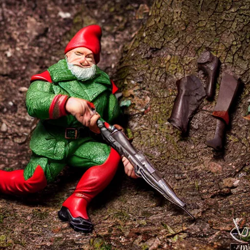 Image similar to a serbian gnome soldier carve up prey in the forest, high detail photoshoot, depth of field, studio lights