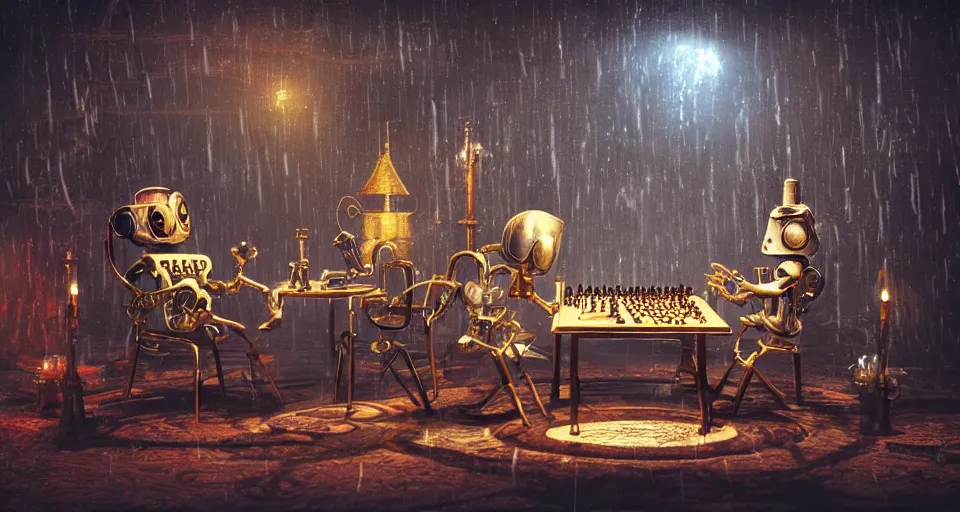 Prompt: a beautiful tapestry, a small robot playing 3 d multi layer chess, ultra detailed, atmospheric lighting, rain, steampunk, moody, candles, characters from machinarium, by don bluth, trending on artstation, octane render, 8 k, ultra realistic