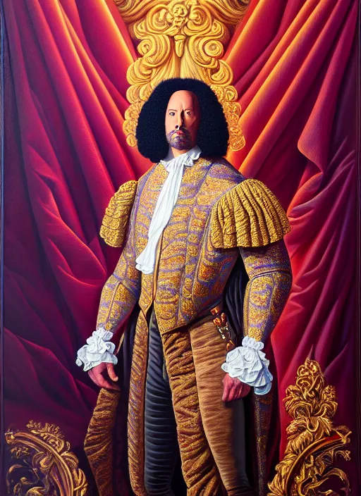 Prompt: beautiful oil painting, full length portrait of dwayne Johnson as Louis xiv in baroque coronation robes 1701, hyacinthe rigaurd , Dan Mumford, Dan Mumford, Alex grey, highly detailed , lsd visuals, dmt fractal patterns, visionary art, psychedelic art, ornate, vaporwave, baroque, Greg rutkowski