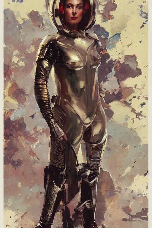 Image similar to pulp scifi fantasy illustration full body portrait of elegant warrior woman wearing latex spacesuit, by norman rockwell, jack kirby, bergey, craig mullins, ruan jia, jeremy mann, tom lovell, 5 0 s, astounding stories, fantasy