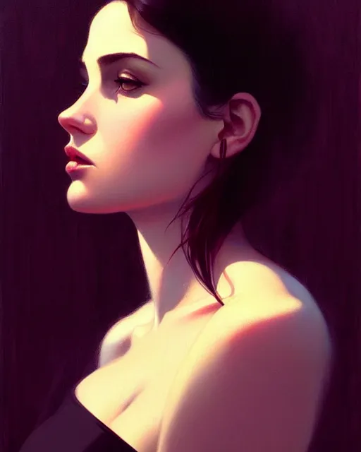 Prompt: stylized portrait of an artistic pose, composition, dark sensual mysterious young lady, cinematic moody colors, one single head, realistic shaded, fine details, realistic shaded lighting poster by ilya kuvshinov, magali villeneuve, artgerm, jeremy lipkin and michael garmash and rob rey