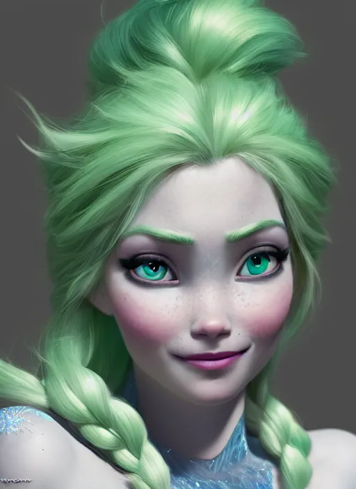 Prompt: portrait of elsa from frozen with green hair, hyper detailed, digital art, trending in artstation, cinematic lighting, studio quality, smooth render, unreal engine 5 rendered, octane rendered, art style by klimt and nixeu and ian sprigger and wlop and krenz cushart.