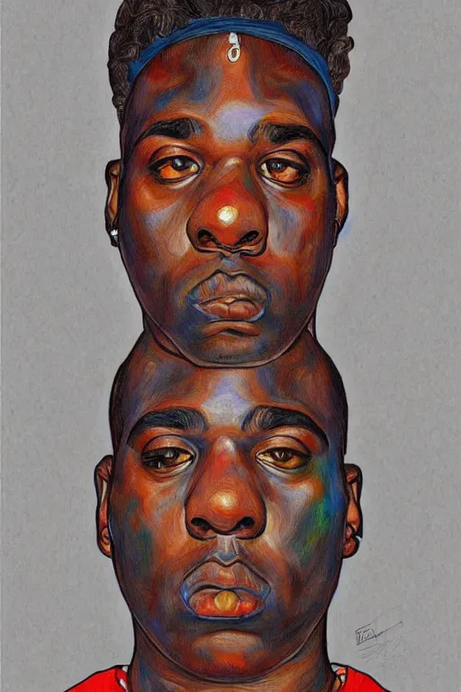 Image similar to a portrait of biggie small in style of egon schiele, masterpiece, hyperdetailed, complex, intricate, photorealistic!!, 4 k, trending on artstation