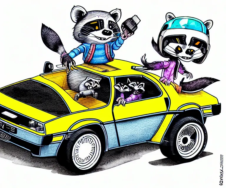 Image similar to cute and funny, racoon wearing a helmet riding in a tiny hot rod delorean with oversized engine, ratfink style by ed roth, centered award winning watercolor pen illustration, isometric illustration by chihiro iwasaki, edited by range murata