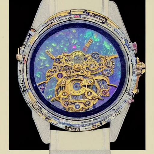 Image similar to detailed illustration of celestial watch from the far future with 3 7 descending dials and multiple glowing watch faces, mother of pearl opal, year 2 5 0 0, style of norman rockwell