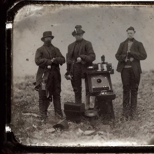 Prompt: tintype old picture of 1 8 0 0 s alien tech hunters