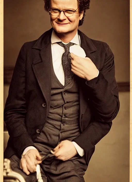 Prompt: colin firth as a victorian politician, smiling, male, victorian, detailed face, highly detailed, cinematic lighting, photograph by elliott & fry