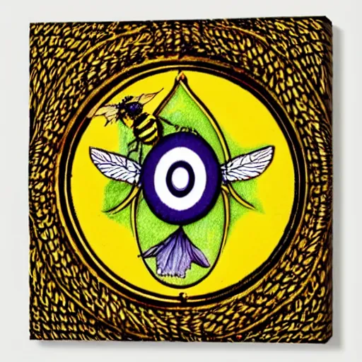 Prompt: a Wiccan ritual spell with a bumblebee placed in the middle of a bloody bullseye, art nouveau