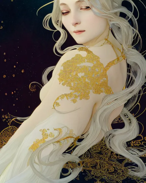 Image similar to portrait of an ethereal woman with pale hair and gold eyes wearing a flowing white and gold gown surrounded by wing motifs, ilya kuvshinov, greg rutkowski, anime, alphonse mucha, kay nielsen, intricate, digital painting, concept art