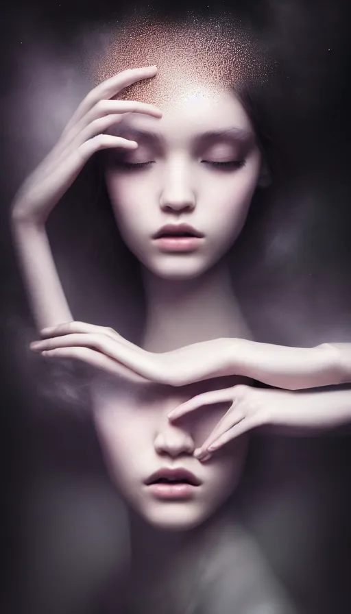 Image similar to photo of eternal peace, a gorgeous young girl , searching for eternity, dark forest in the style of stefan kostic, realistic, sharp focus, 8k high definition, high fashion, vogue, insanely detailed, soft light, colorful smoke, intricate, elegant, art by stanley lau and artgerm, sigma 85mm art