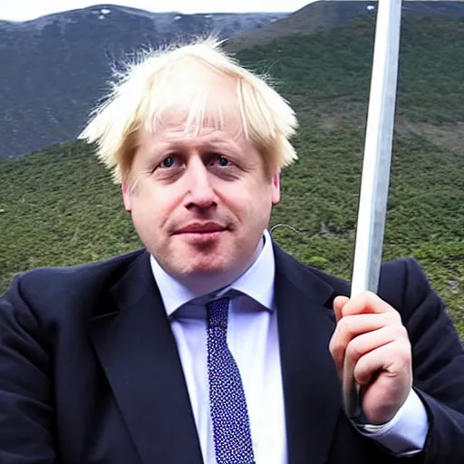 Prompt: Boris Johnson holding a sword standing on top of a mountain