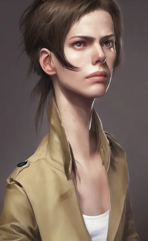 Prompt: upper body portrait of a girl from final fantasy live action, with short black hair and green eyes in a tan trenchcoat over a white shirt, award winning, masterpiece digital painting by greg rutkowski, alex grey, artstation, 4 k wallpaper,