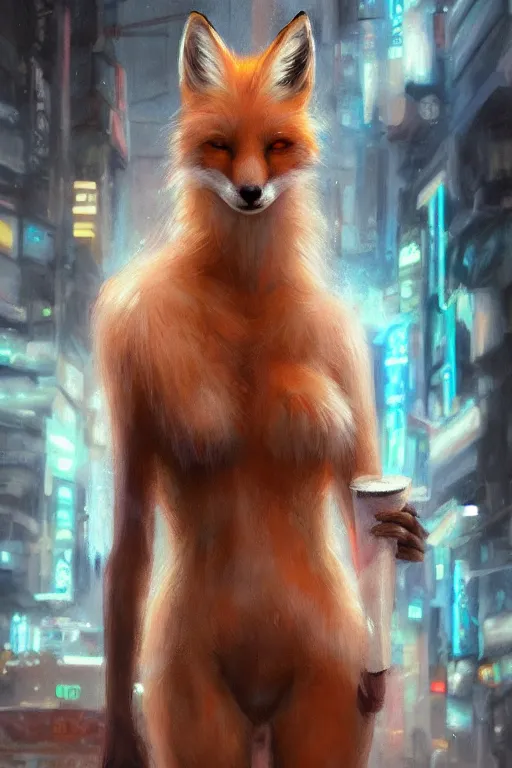 Image similar to beautiful portrait of a tall white female anthro fox smoking a cigarette while standing head and shoulders taller than the bustling crowd of a rainy city street, cyberpunk, harsh neon lights, highly detailed, sharp focus, digital painting, illustration, trending on artstation, art by sakimichan, wlop, greg rutkowski