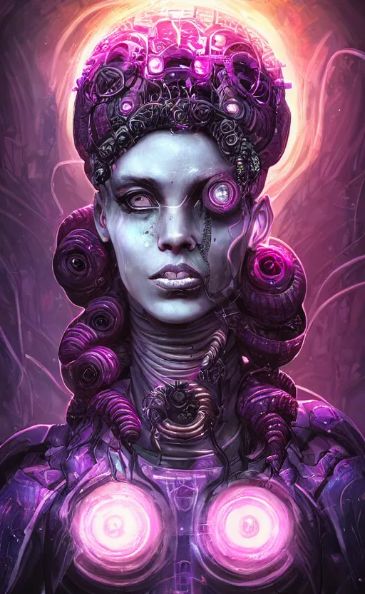 Prompt: An epic fantasy comic book style portrait painting of a very beautiful nebulapunk Medusa with symmetrical facial features and lots of cyberpunk and cybernetic bio-luminiscent snakes as hair, awesome pose, centered, full body, vibrant dark mood, unreal 5, hyperrealistic, octane render, cosplay, RPG portrait, Sci-fi, arthouse, dynamic lighting, intricate detail, cinematic, HDR digital painting, 8k resolution, enchanting, otherworldly, sense of awe, award winning picture, Hyperdetailed, blurred background, airbrush, backlight, 3d rim light, Gsociety, trending on ArtstationHQ, maximalist, dreamscape, Rococo, surreal dark art, iridiscent accents, lovecraftian inspiration