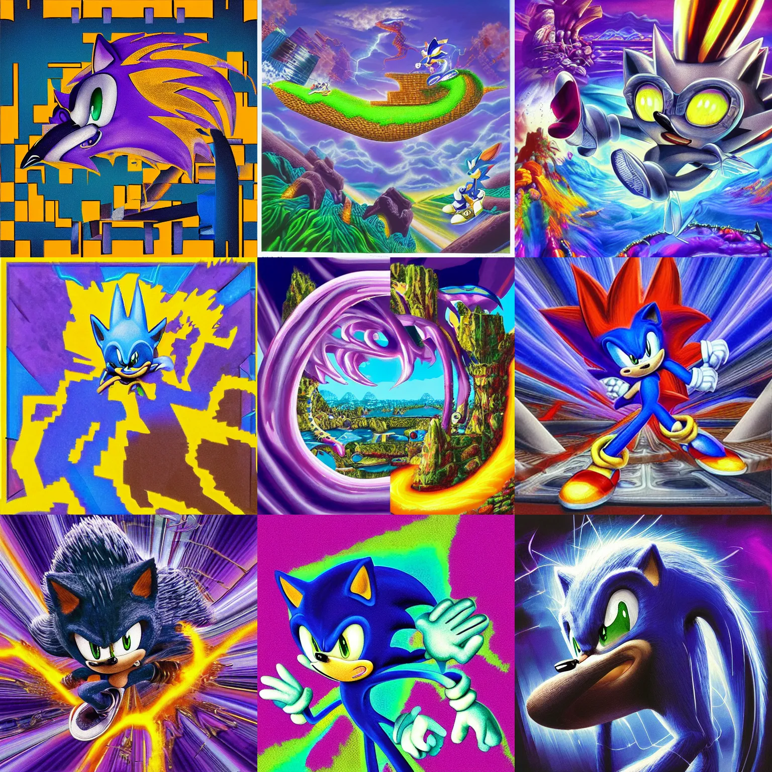 Prompt: shattered portrait of sonic hedgehog and a matte painting landscape of a surreal, sharp, detailed professional, soft pastels, high quality airbrush art album cover of a liquid dissolving airbrush art lsd dmt sonic the hedgehog swimming through cyberspace, purple checkerboard background, 1 9 9 0 s 1 9 9 2 sega genesis rareware video game album cover