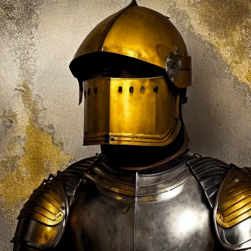 Image similar to portrait of a man as a knight in armour wearing an open helmet, studio lighting, dark textured background, photo realistic style, multiple lights, yellow ocre tint dominant, blue backlight, grunge and destructured after battle, scratches, marks on iron