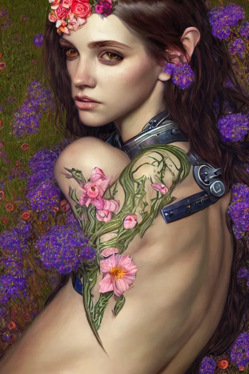 Image similar to portrait of beautiful young mainem, warhammer, cyber style, a lot of more scars, more and more flowers, the middle ages, highly detailed, artstation, illustration, artgerm sylvari portrait, 8 k quality, art by gustav klimt