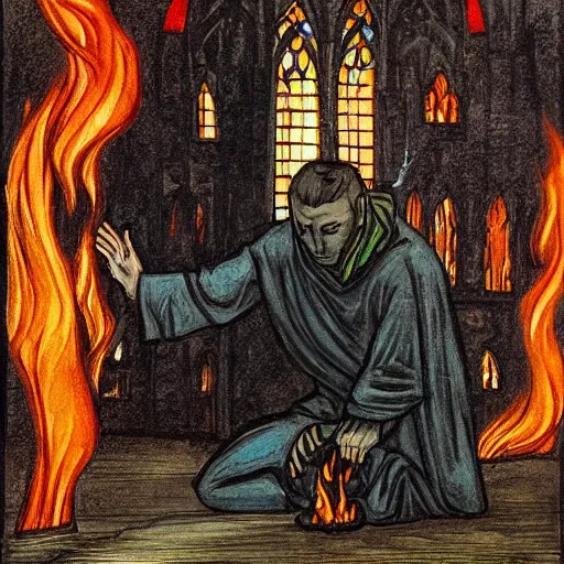 Image similar to priest on knees in front of burning church, gothic art, color, emotional, sad, dramatic, detailed