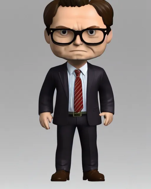 Image similar to full body 3d render of Dwight Schrute from the office as a funko pop, studio lighting, white background, blender, trending on artstation, 8k, highly detailed