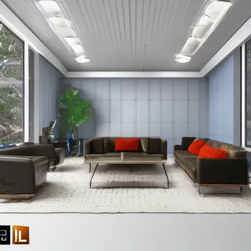 Image similar to Sci fi living room research laboratory, electric wallpaper, unreal engine 5 tech demo, zillow interior, cool tint, metallic reflective, octane render, Frank Lloyd Wright ((Studio Ghibli))