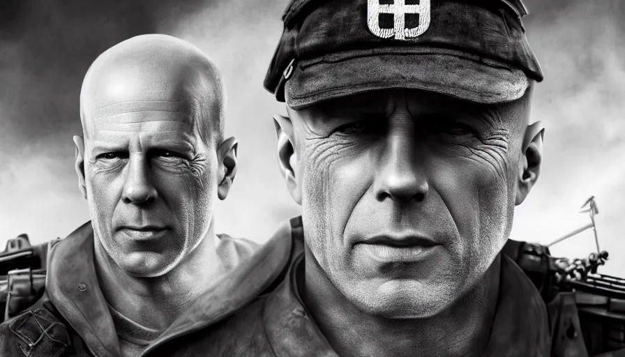 Prompt: black and white 4 0's photos of bruce willis during d - day in omaha beach, hyperdetailed, artstation, cgsociety, 8 k