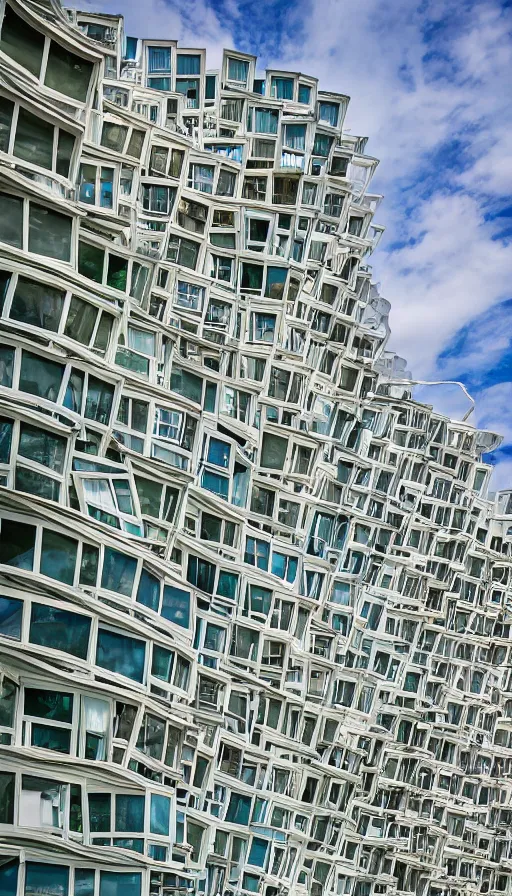 Image similar to color pentax photograph of a pristine frank gehry seawall. wide angle. very epic!