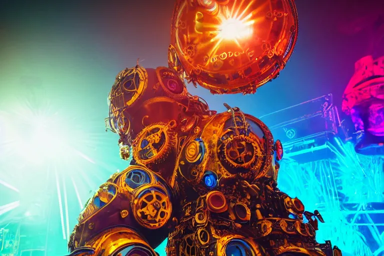 Image similar to scene is elrow party in space in ibiza, portrait photo of a giant huge golden and blue metal steampunk robot, with gears and tubes, eyes are glowing red lightbulbs, shiny crisp finish, 3 d render, 8 k, insaneley detailed, fluorescent colors, haluzinogetic, background is multicolored lasershow