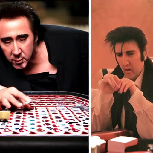 Image similar to nicolas cage as elvis presley playing the guitar over a poker table