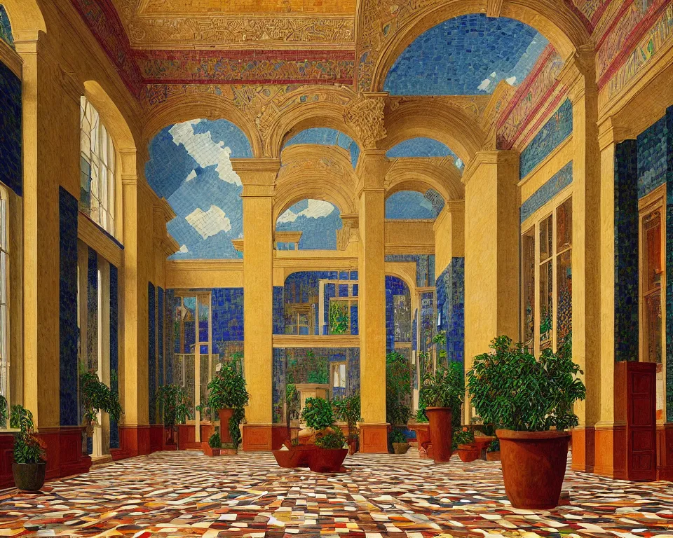 Prompt: an achingly beautiful print of the interior of a posh art museum with vibrant mosaics covering the walls, potted plants, and classical antiquities by Raphael, Hopper, and Rene Magritte. detailed, romantic, enchanting, trending on artstation.