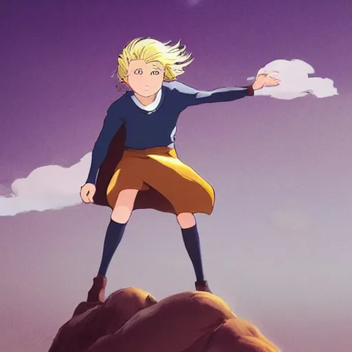 Prompt: blonde boy with golden eyes wearing a brown cape and flying in t pose, energy background, in the style of studio ghibli, artgerm