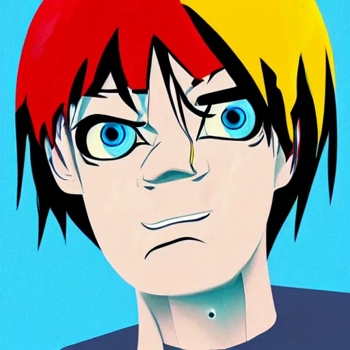 Image similar to 2 d from gorillaz, portrait, messy blue hair, illustration, digital art