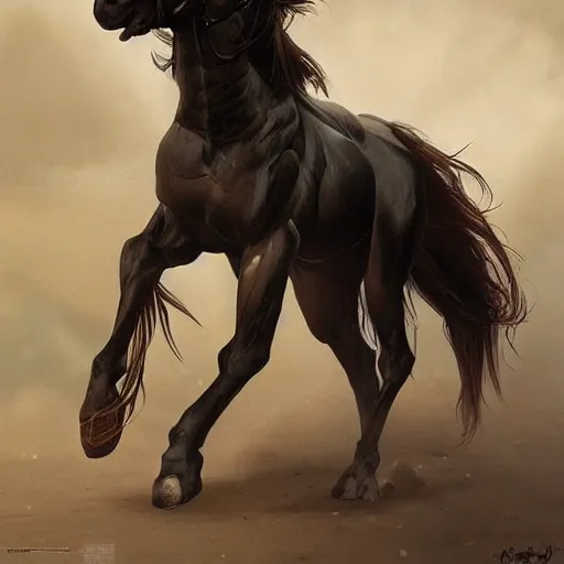 Image similar to a huge muscular black - coated anthro horse with long white hair wearing tactical kevlar fabric, exaggerated muscle physique, highly detailed, furry, furaffinity, digital painting, artstation, sharp focus, illustration, weta digital, art by artgerm, greg rutkowski, alphonse mucha