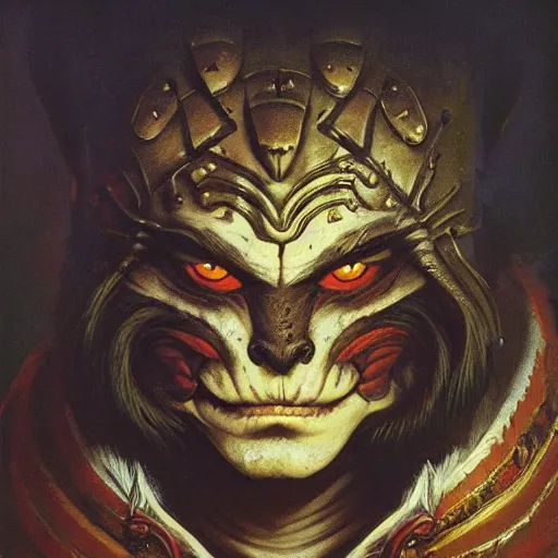 Image similar to head and shoulders portrait of a rakshasa, d & d, fantasy, greg rutkowski, frank frazetta, alexandre chaudret, boris vallejo, michael whelan, miro petrov, hr giger, magali villeneuve, donato giancola