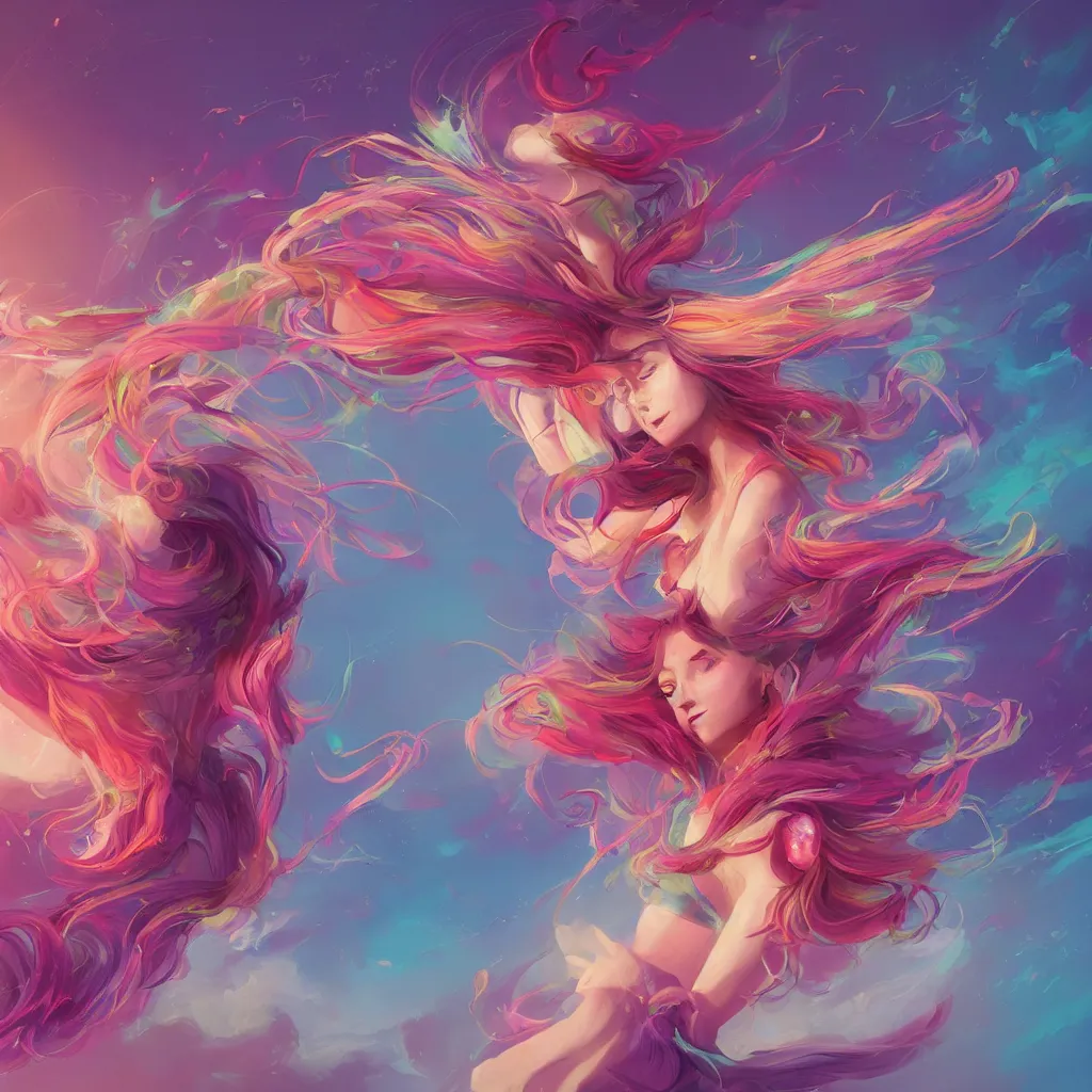 Image similar to a colorful and provenance illustrations painting of the fantasy female flying floral wing, highly detailed, her hair made of hair made of air wind and curling smoke, mist, dust, genie, spirit fantasy concept art, art by aenami, alena, afshar, petros and leonid, trending on artstation.