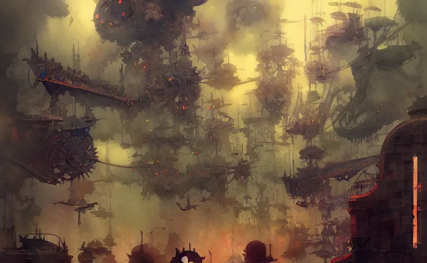 Image similar to airshps fleet, fantasy, steampunk. intricate, amazing composition, colorful watercolor, by ruan jia, by maxfield parrish, by marc simonetti, by hikari shimoda, by robert hubert, by zhang kechun, illustration, gloomy