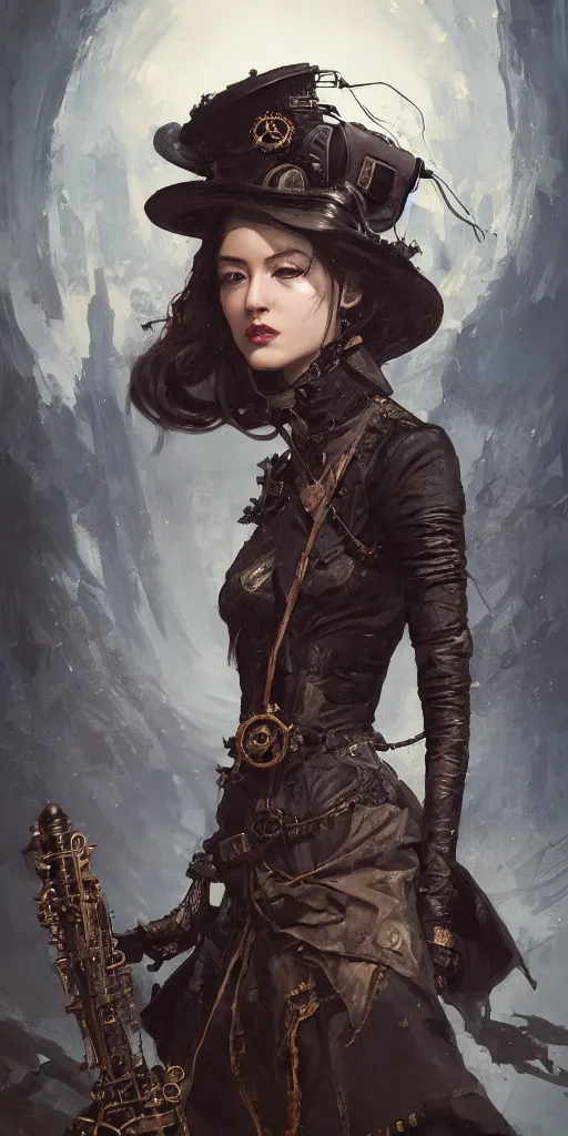 Image similar to A portrait of a women in the style of steampunk by Greg Rutkowski, Sung Choi, Mitchell Mohrhauser, Maciej Kuciara, Johnson Ting, Maxim Verehin, Peter Konig, Bloodborne, 8k photorealistic, cinematic lighting, HD, high details, dramatic, dark atmosphere, trending on artstation