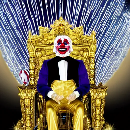 Prompt: shining throne made of millions of diamonds, gold and zaphires with thousands of light reflections, and a clown on a tuxedo suit is sitting on the throne while handing a golden balloon, dramatic light