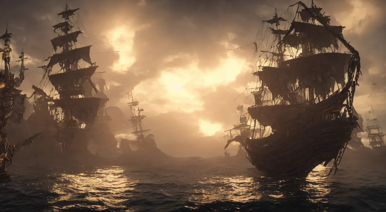 Image similar to ghost pirate ship with a pirate on the foreground, highly detailed, photorealistic portrait, bright studio setting, studio lighting, crisp quality and light reflections, unreal engine 5 quality render