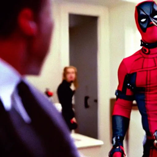 Prompt: film still, American Psycho in deadpool suit